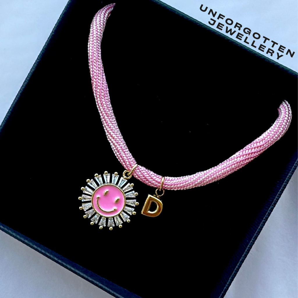 Bubblegum smiley initial necklace